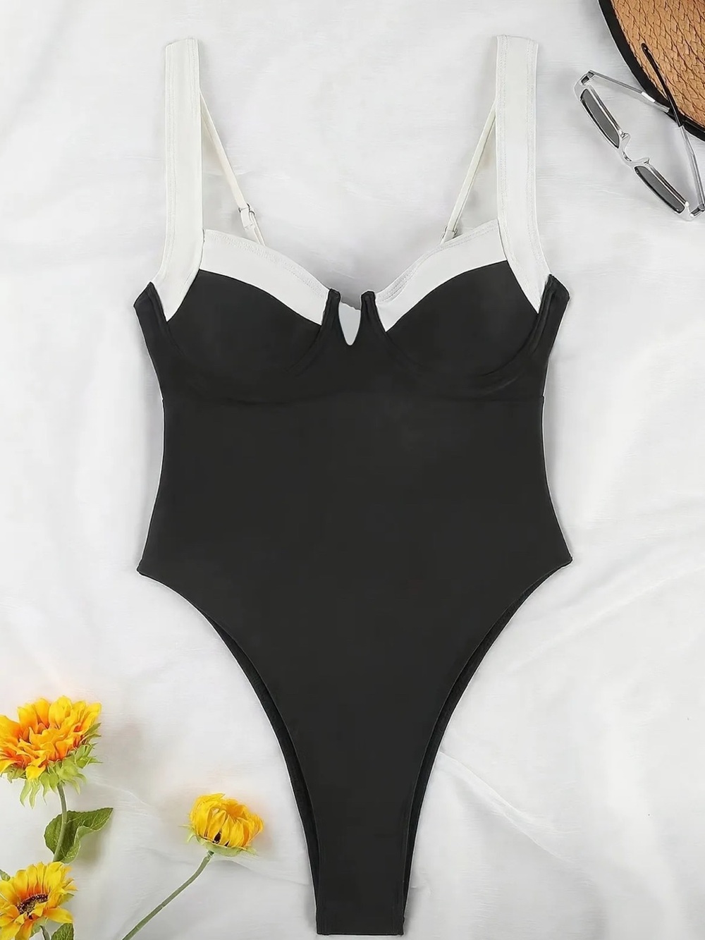 Black and White Bustier One-Piece Swimsuit